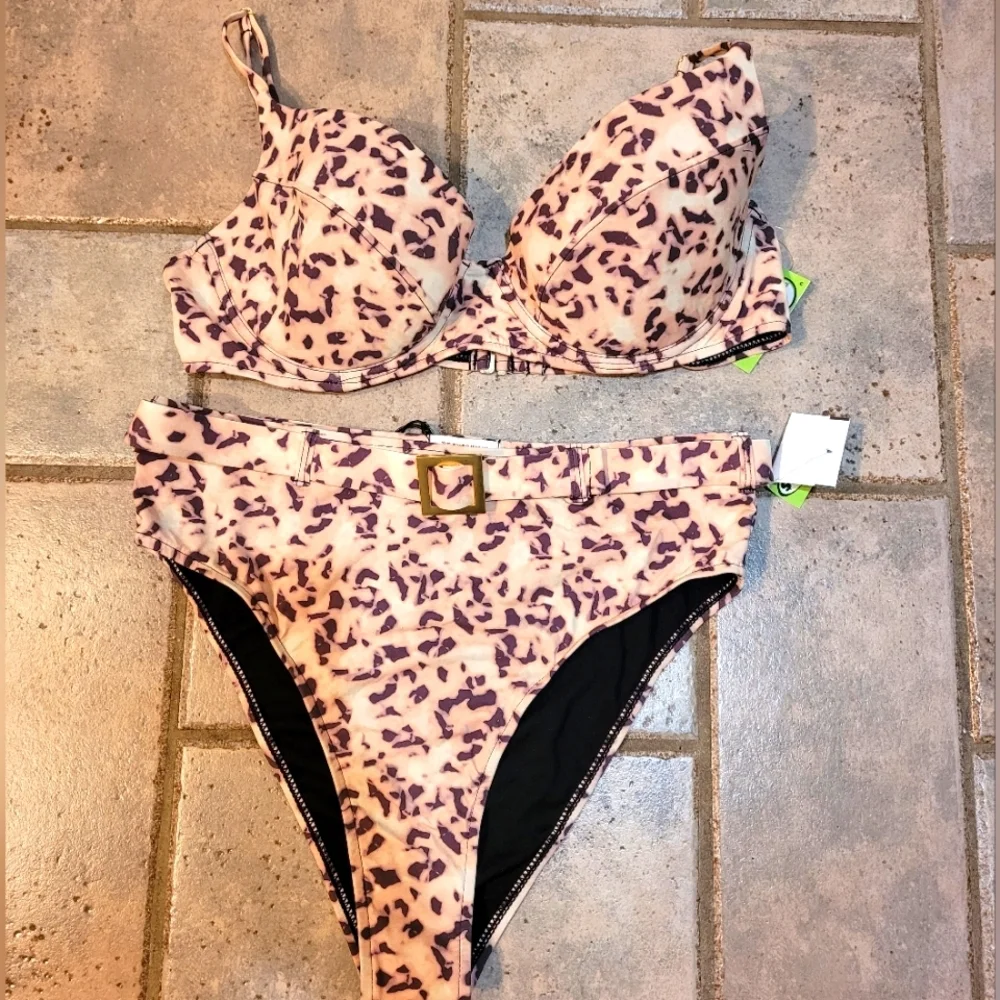 WeWoreWhat Tortoise shell Belted High Waist Bikini Set L NWT